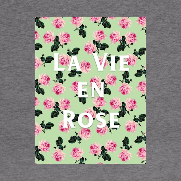 La Vie En Rose - scattered pink vintage roses on green, pink tee by bettyretro